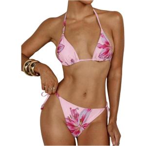 imageVerdusa Womens Y2K Bikini 2 Piece Cheetah Floral Swimsuit Halter Triangle Tie Side String Bikini SetPink