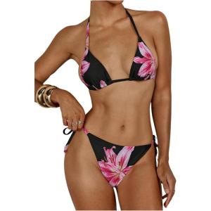 imageVerdusa Womens Y2K Bikini 2 Piece Cheetah Floral Swimsuit Halter Triangle Tie Side String Bikini SetPink and Black