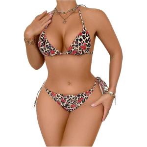 imageVerdusa Womens Y2K Bikini 2 Piece Cheetah Floral Swimsuit Halter Triangle Tie Side String Bikini SetRed and Black