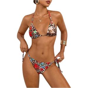 imageVerdusa Womens Y2K Bikini 2 Piece Cheetah Floral Swimsuit Halter Triangle Tie Side String Bikini SetRed and Blue