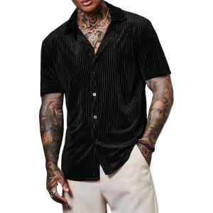 imageVerdusa Mens Button Front Short Sleeve Collar Velvet Shirt Tops CasualShirtsBlack