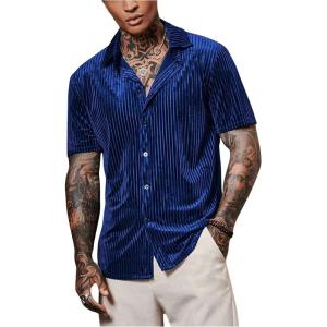 imageVerdusa Mens Button Front Short Sleeve Collar Velvet Shirt Tops CasualShirtsBlue