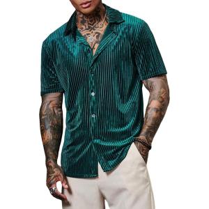 imageVerdusa Mens Button Front Short Sleeve Collar Velvet Shirt Tops CasualShirtsDark Green