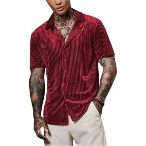 imageVerdusa Mens Button Front Short Sleeve Collar Velvet Shirt Tops CasualShirtsRed