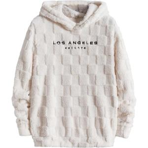 imageVerdusa Mens Fuzzy Pullover Hoodie Long Sleeve Letter Embroidery Hooded SweatshirtBeige