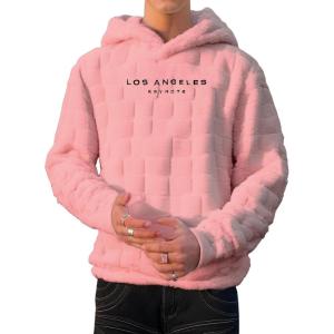 imageVerdusa Mens Fuzzy Pullover Hoodie Long Sleeve Letter Embroidery Hooded SweatshirtPink