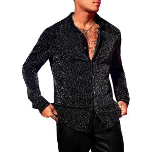 imageVerdusa Mens Glitter Shirts Long Sleeve Collar Button Down Party Shirt TopBlack