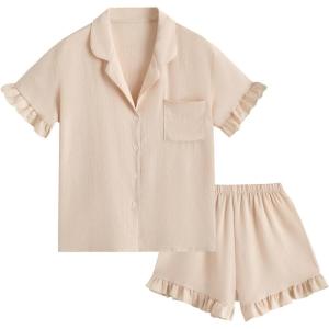 imageVerdusa Womens 2 Piece Lounge Sets Cute Linen Pajama Set Ruffled Sleeve Shirt and Shorts ApricotApricot
