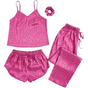 imageVerdusa Womens 4 Piece Satin Cami Top and Shorts Pants Nightwear Pajama SetLeopard Hot Pink
