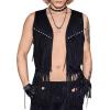 imageVerdusa Mens Sleeveless V Neck Studded Detail Fringe Trim Open Front Vest JacketBlack