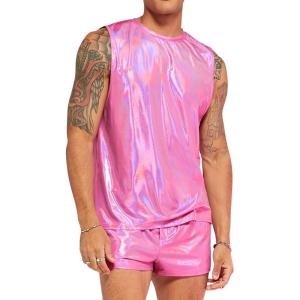 imageVerdusa Mens 2 Piece Metallic Outfit Sleeveless Tank Top and Short Tracksuit SetsPink