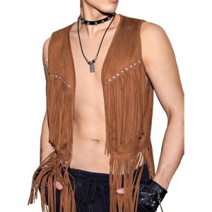 imageVerdusa Mens Sleeveless V Neck Studded Detail Fringe Trim Open Front Vest JacketKhaki