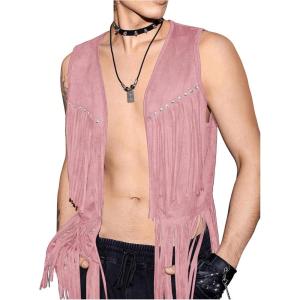 imageVerdusa Mens Sleeveless V Neck Studded Detail Fringe Trim Open Front Vest JacketPink