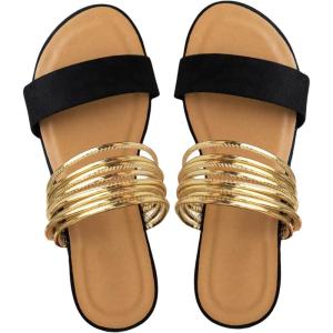 imageVerdusa Womens Metallic Strappy Flat Sandals Summer Slide Sandals Casual ShoesBlack and Gold