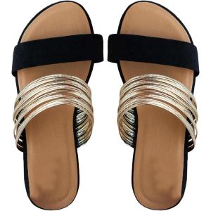 imageVerdusa Womens Metallic Strappy Flat Sandals Summer Slide Sandals Casual ShoesGold Black