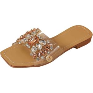 imageVerdusa Womens Rhinestone Clear Flat Sandals Square Toe Slide SandalsApricot