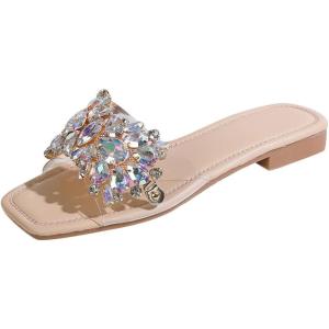 imageVerdusa Womens Rhinestone Clear Flat Sandals Square Toe Slide SandalsBeige