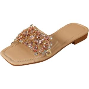 imageVerdusa Womens Rhinestone Clear Flat Sandals Square Toe Slide SandalsLight Brown
