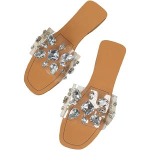 imageVerdusa Womens Rhinestone Clear Flat Sandals Square Toe Slide SandalsSilver