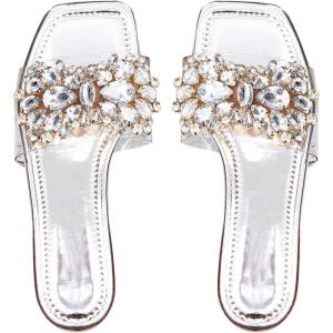 imageVerdusa Womens Rhinestone Clear Flat Sandals Square Toe Slide SandalsSilver Beige