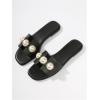 imageVerdusa Womens Flat Sandals Pearl Sandals Square Toe Summer Slip On Flat ShoesBlack