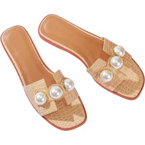 imageVerdusa Womens Flat Sandals Pearl Sandals Square Toe Summer Slip On Flat ShoesApricot