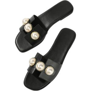 imageVerdusa Womens Flat Sandals Pearl Sandals Square Toe Summer Slip On Flat ShoesBlack