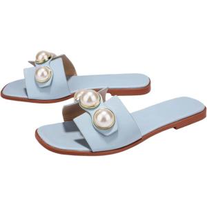 imageVerdusa Womens Flat Sandals Pearl Sandals Square Toe Summer Slip On Flat ShoesBlue