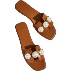 imageVerdusa Womens Flat Sandals Pearl Sandals Square Toe Summer Slip On Flat ShoesBrown