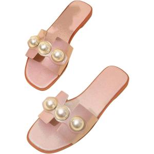 imageVerdusa Womens Flat Sandals Pearl Sandals Square Toe Summer Slip On Flat ShoesDusty Pink