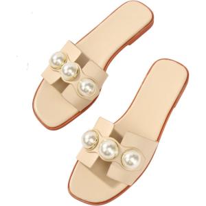 imageVerdusa Womens Flat Sandals Pearl Sandals Square Toe Summer Slip On Flat ShoesLight Brown