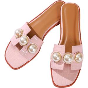 imageVerdusa Womens Flat Sandals Pearl Sandals Square Toe Summer Slip On Flat ShoesPink