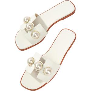 imageVerdusa Womens Flat Sandals Pearl Sandals Square Toe Summer Slip On Flat ShoesWhite