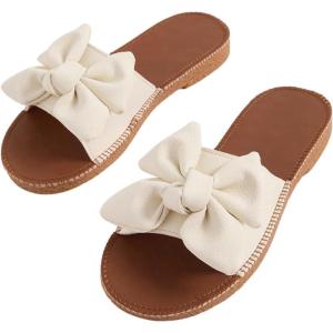imageVerdusa Womens Open Toe Flat Sandals Bow Knot Slides Leather Summer SlippersBeige