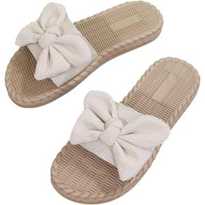 imageVerdusa Womens Open Toe Flat Sandals Bow Knot Slides Leather Summer SlippersBeige Rib