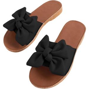 imageVerdusa Womens Open Toe Flat Sandals Bow Knot Slides Leather Summer SlippersBlack