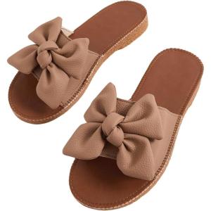 imageVerdusa Womens Open Toe Flat Sandals Bow Knot Slides Leather Summer SlippersBrown
