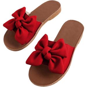 imageVerdusa Womens Open Toe Flat Sandals Bow Knot Slides Leather Summer SlippersRed