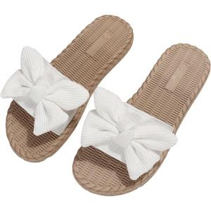 imageVerdusa Womens Open Toe Flat Sandals Bow Knot Slides Leather Summer SlippersWhite Rib