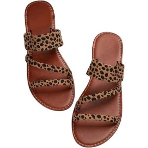 imageVerdusa Womens Leopard Print Strappy Summer Flat Sandals Slip On SlidesBrown
