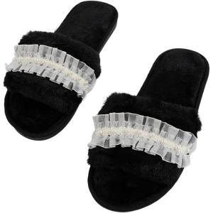 imageVerdusa Womens Pearls Open Toe Fuzzy House Slippers Faux Fur Bedroom ShoesBlack