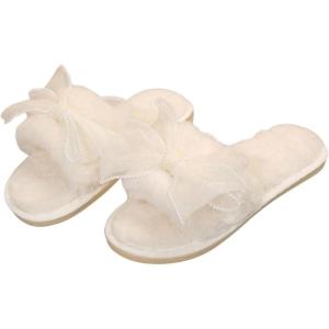 imageVerdusa Womens Pearls Open Toe Fuzzy House Slippers Faux Fur Bedroom ShoesBow Beige