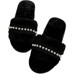 imageVerdusa Womens Pearls Open Toe Fuzzy House Slippers Faux Fur Bedroom ShoesDark Black