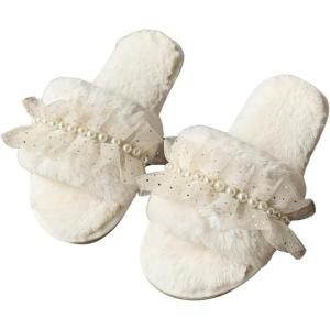imageVerdusa Womens Pearls Open Toe Fuzzy House Slippers Faux Fur Bedroom ShoesLight Beige