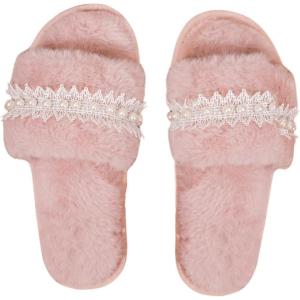 imageVerdusa Womens Pearls Open Toe Fuzzy House Slippers Faux Fur Bedroom ShoesLight Pink
