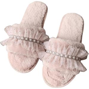 imageVerdusa Womens Pearls Open Toe Fuzzy House Slippers Faux Fur Bedroom ShoesPink