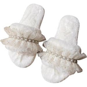 imageVerdusa Womens Pearls Open Toe Fuzzy House Slippers Faux Fur Bedroom ShoesPlain White