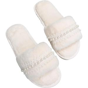 imageVerdusa Womens Pearls Open Toe Fuzzy House Slippers Faux Fur Bedroom ShoesWhite