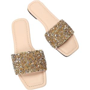 imageVerdusa Womens Rhinestone Sandals Glitter Casual Sandal Flats Open Toe Sparkle SlidesApricot and Gold