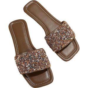 imageVerdusa Womens Rhinestone Sandals Glitter Casual Sandal Flats Open Toe Sparkle SlidesCoffee Brown